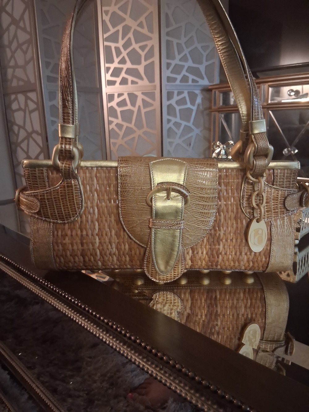 Rare Vintage Rodo Gold Leather Woven Tote Bag with Buckle Accent
